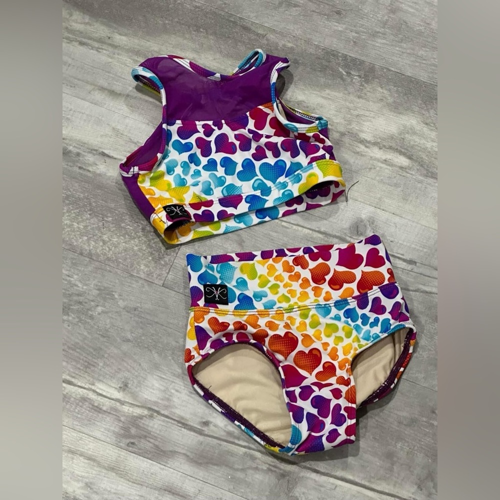 Kandi Kouture rainbow hearts dancewear set.
